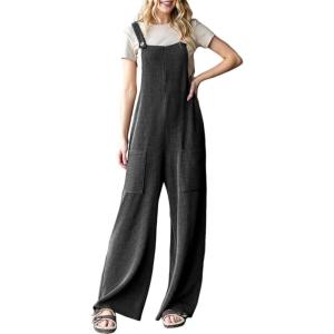 imageDokotoo Womens Casual Jumpsuits Ribbed Front Pocket Loose Overalls One Piece Sleeveless Wide Leg Long Pant RompersCarbon Grey