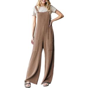 imageDokotoo Womens Casual Jumpsuits Ribbed Front Pocket Loose Overalls One Piece Sleeveless Wide Leg Long Pant RompersChestnut