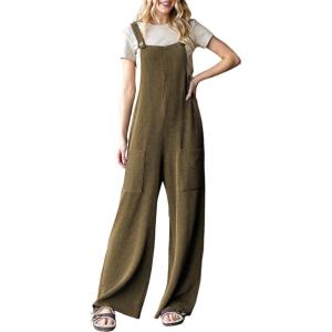 imageDokotoo Womens Casual Jumpsuits Ribbed Front Pocket Loose Overalls One Piece Sleeveless Wide Leg Long Pant RompersDesert Palm