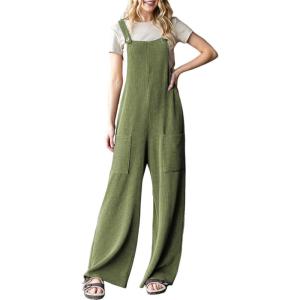 imageDokotoo Womens Casual Jumpsuits Ribbed Front Pocket Loose Overalls One Piece Sleeveless Wide Leg Long Pant RompersGreen
