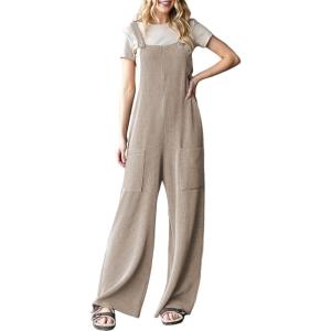 imageDokotoo Womens Casual Jumpsuits Ribbed Front Pocket Loose Overalls One Piece Sleeveless Wide Leg Long Pant RompersKhaki