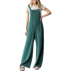 imageDokotoo Womens Casual Jumpsuits Ribbed Front Pocket Loose Overalls One Piece Sleeveless Wide Leg Long Pant RompersSkobeloff