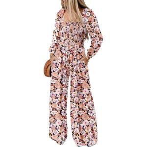 imageDokotoo Womens Casual Loose Overalls Jumpsuits One Piece Long Sleeve Printed Wide Leg Long Pant Rompers With PocketsBlack
