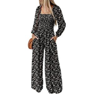 imageDokotoo Womens Casual Loose Overalls Jumpsuits One Piece Long Sleeve Printed Wide Leg Long Pant Rompers With PocketsBlack2