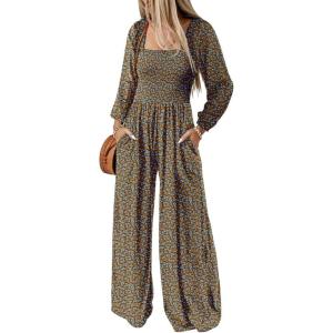 imageDokotoo Womens Casual Loose Overalls Jumpsuits One Piece Long Sleeve Printed Wide Leg Long Pant Rompers With PocketsBrown