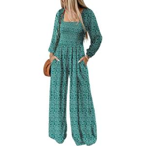 imageDokotoo Womens Casual Loose Overalls Jumpsuits One Piece Long Sleeve Printed Wide Leg Long Pant Rompers With PocketsGreen