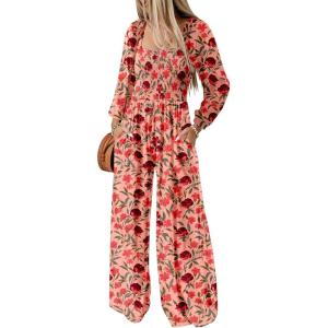 imageDokotoo Womens Casual Loose Overalls Jumpsuits One Piece Long Sleeve Printed Wide Leg Long Pant Rompers With PocketsPink 3