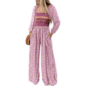 imageDokotoo Womens Casual Loose Overalls Jumpsuits One Piece Long Sleeve Printed Wide Leg Long Pant Rompers With PocketsPink