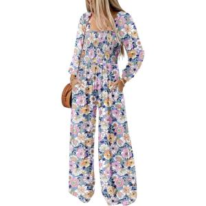 imageDokotoo Womens Casual Loose Overalls Jumpsuits One Piece Long Sleeve Printed Wide Leg Long Pant Rompers With PocketsPurple