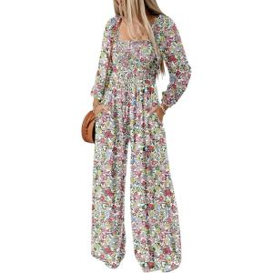 imageDokotoo Womens Casual Loose Overalls Jumpsuits One Piece Long Sleeve Printed Wide Leg Long Pant Rompers With PocketsWhite