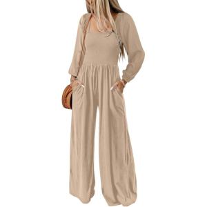 imageDokotoo Womens Casual Loose Overalls Jumpsuits One Piece Long Sleeve Wide Leg Long Pant Rompers With PocketsApricot