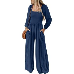 imageDokotoo Womens Casual Loose Overalls Jumpsuits One Piece Long Sleeve Wide Leg Long Pant Rompers With PocketsBlue