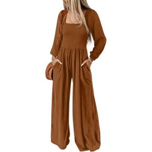 imageDokotoo Womens Casual Loose Overalls Jumpsuits One Piece Long Sleeve Wide Leg Long Pant Rompers With PocketsCoffee