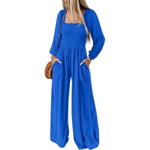 imageDokotoo Womens Casual Loose Overalls Jumpsuits One Piece Long Sleeve Wide Leg Long Pant Rompers With PocketsDark Blue