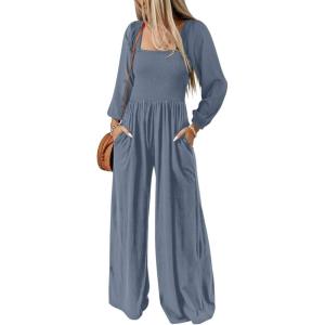 imageDokotoo Womens Casual Loose Overalls Jumpsuits One Piece Long Sleeve Wide Leg Long Pant Rompers With PocketsDusk Blue