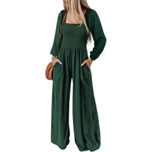 imageDokotoo Womens Casual Loose Overalls Jumpsuits One Piece Long Sleeve Wide Leg Long Pant Rompers With PocketsGreen