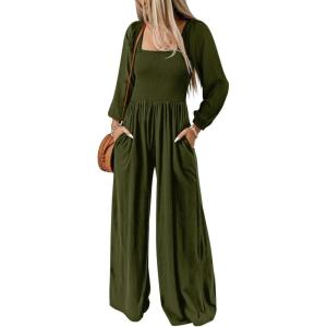 imageDokotoo Womens Casual Loose Overalls Jumpsuits One Piece Long Sleeve Wide Leg Long Pant Rompers With PocketsJungle Green