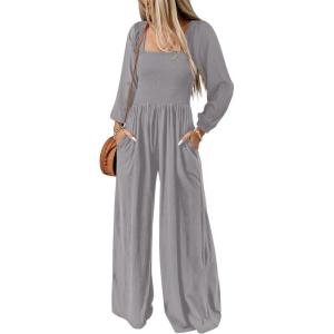 imageDokotoo Womens Casual Loose Overalls Jumpsuits One Piece Long Sleeve Wide Leg Long Pant Rompers With PocketsLight Grey