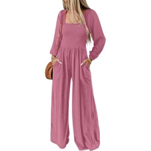 imageDokotoo Womens Casual Loose Overalls Jumpsuits One Piece Long Sleeve Wide Leg Long Pant Rompers With PocketsPeach Blossom