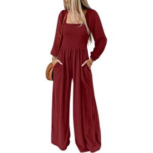 imageDokotoo Womens Casual Loose Overalls Jumpsuits One Piece Long Sleeve Wide Leg Long Pant Rompers With PocketsRed