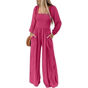 imageDokotoo Womens Casual Loose Overalls Jumpsuits One Piece Long Sleeve Wide Leg Long Pant Rompers With PocketsStrawberry Pink