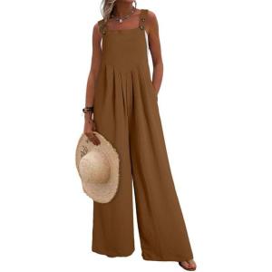 imageDokotoo Womens Casual Loose Overalls Jumpsuits One Piece Sleeveless Wide Leg Long Pant Rompers With PocketsCoffee