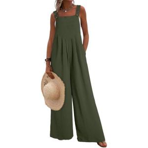 imageDokotoo Womens Casual Loose Overalls Jumpsuits One Piece Sleeveless Wide Leg Long Pant Rompers With PocketsJungle Green