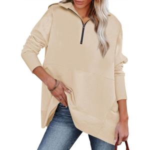 imageDokotoo Womens Casual Oversized Half Zip Sweatshirts Long Sleeve Solid Color Pullover Jackets with PocketsBeige