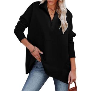 imageDokotoo Womens Casual Oversized Half Zip Sweatshirts Long Sleeve Solid Color Pullover Jackets with PocketsBlack