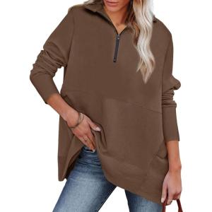 imageDokotoo Womens Casual Oversized Half Zip Sweatshirts Long Sleeve Solid Color Pullover Jackets with PocketsDark Brown