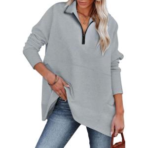 imageDokotoo Womens Casual Oversized Half Zip Sweatshirts Long Sleeve Solid Color Pullover Jackets with PocketsGray