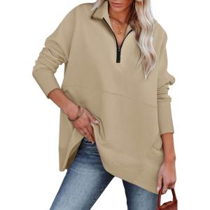imageDokotoo Womens Casual Oversized Half Zip Sweatshirts Long Sleeve Solid Color Pullover Jackets with PocketsKhaki