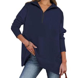 imageDokotoo Womens Casual Oversized Half Zip Sweatshirts Long Sleeve Solid Color Pullover Jackets with PocketsNavy Blue
