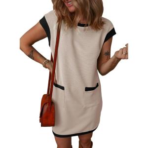 imageDokotoo Womens Casual Summer Dresses Fashion Cap Sleeve Color Block Crewneck Shift Tshirt Mini DressApricot
