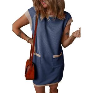 imageDokotoo Womens Casual Summer Dresses Fashion Cap Sleeve Color Block Crewneck Shift Tshirt Mini DressBlue 2