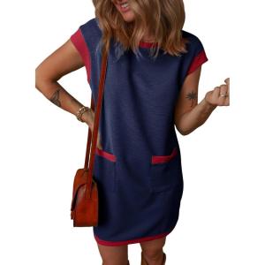 imageDokotoo Womens Casual Summer Dresses Fashion Cap Sleeve Color Block Crewneck Shift Tshirt Mini DressBlue