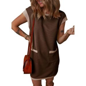 imageDokotoo Womens Casual Summer Dresses Fashion Cap Sleeve Color Block Crewneck Shift Tshirt Mini DressBrown