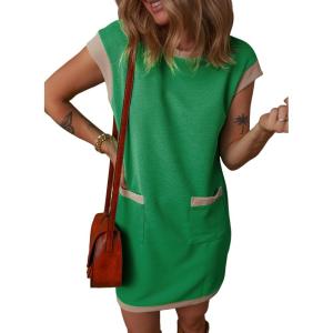 imageDokotoo Womens Casual Summer Dresses Fashion Cap Sleeve Color Block Crewneck Shift Tshirt Mini DressGreen