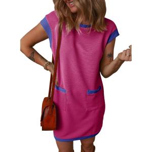 imageDokotoo Womens Casual Summer Dresses Fashion Cap Sleeve Color Block Crewneck Shift Tshirt Mini DressHot Pink
