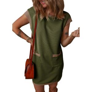 imageDokotoo Womens Casual Summer Dresses Fashion Cap Sleeve Color Block Crewneck Shift Tshirt Mini DressJungle Green