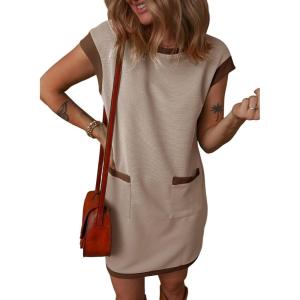 imageDokotoo Womens Casual Summer Dresses Fashion Cap Sleeve Color Block Crewneck Shift Tshirt Mini DressKhaki