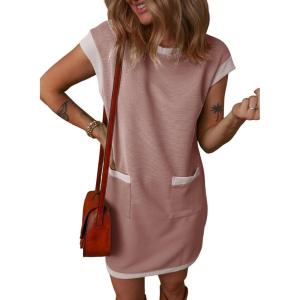 imageDokotoo Womens Casual Summer Dresses Fashion Cap Sleeve Color Block Crewneck Shift Tshirt Mini DressPink