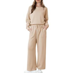 imageDokotoo Womens Cotton 2 Piece Outfits Sweatsuit Casual Fall Long Sleeve Knit Tops And Pants Lounge SetsBeige