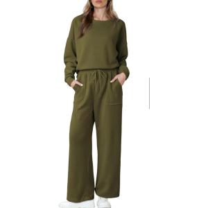 imageDokotoo Womens Cotton 2 Piece Outfits Sweatsuit Casual Fall Long Sleeve Knit Tops And Pants Lounge SetsJungle Green