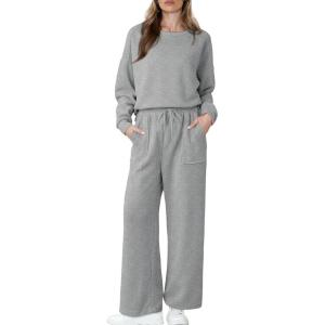 imageDokotoo Womens Cotton 2 Piece Outfits Sweatsuit Casual Fall Long Sleeve Knit Tops And Pants Lounge SetsLight Grey