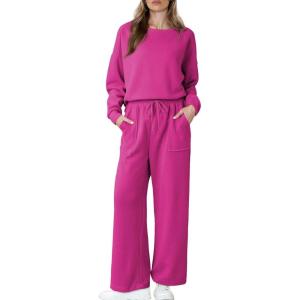 imageDokotoo Womens Cotton 2 Piece Outfits Sweatsuit Casual Fall Long Sleeve Knit Tops And Pants Lounge SetsRose Red