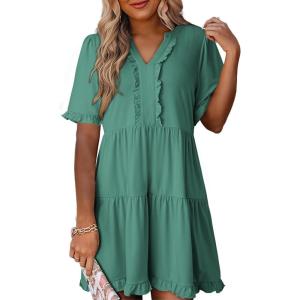 imageDokotoo Womens Dresses 2025 Summer Spring V Neck Short Sleeve Casual A Line Flowy Swing Shift Dress Mini DressCanton