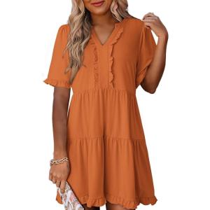 imageDokotoo Womens Dresses 2025 Summer Spring V Neck Short Sleeve Casual A Line Flowy Swing Shift Dress Mini DressCarrot