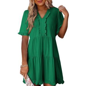 imageDokotoo Womens Dresses 2025 Summer Spring V Neck Short Sleeve Casual A Line Flowy Swing Shift Dress Mini DressDark Green