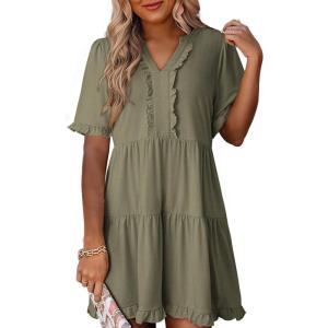 imageDokotoo Womens Dresses 2025 Summer Spring V Neck Short Sleeve Casual A Line Flowy Swing Shift Dress Mini DressFour Leaf Clover
